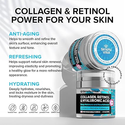SimplyVital Collagen, Retinol & Hyaluronic Acid Cream - Anti-Aging Face Moisturizer for Face, Firming Skin Care Neck & Décolleté - Made in USA, Daily Moisturizer Face Cream Day & Night - 1.7 fl.oz.