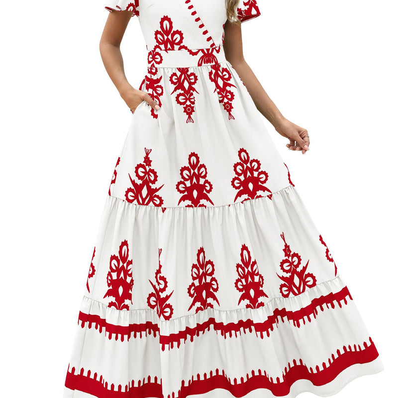 PRETTYGARDEN Womens 2025 Summer Casual V Neck Boho Maxi Dress Flowy Aline Bell Sleeve Tiered Floral Dresses with Pocket