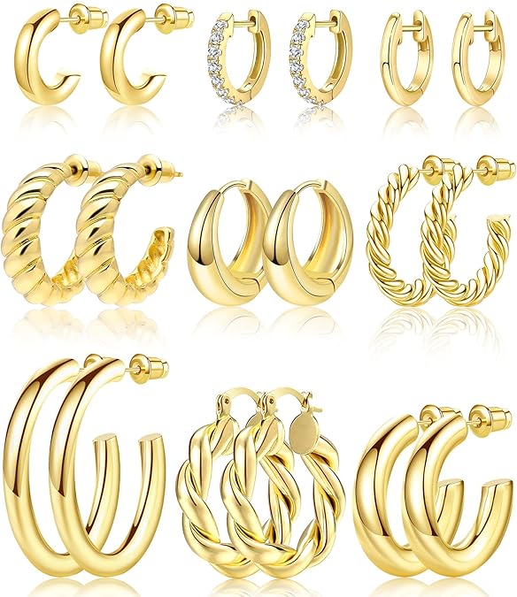 Adoyi 9 Pairs Gold Hoop Earrings Set for Womens Twisted Huggie Hoops Earrings 14K 18K Gold Plated for Girls Valentines Mother's Day Birthday Gifts Lightweight