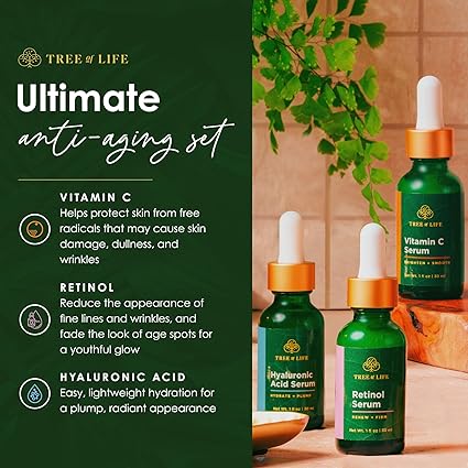Tree of Life Beauty Facial Skin Care Set, Brightening, Firming, Hydrating, Dry Face, Dermatologist Tested - Trio Power Kit, Vitamin C, Retinol and Hyaluronic Acid, 3 count of 1 Fl Oz