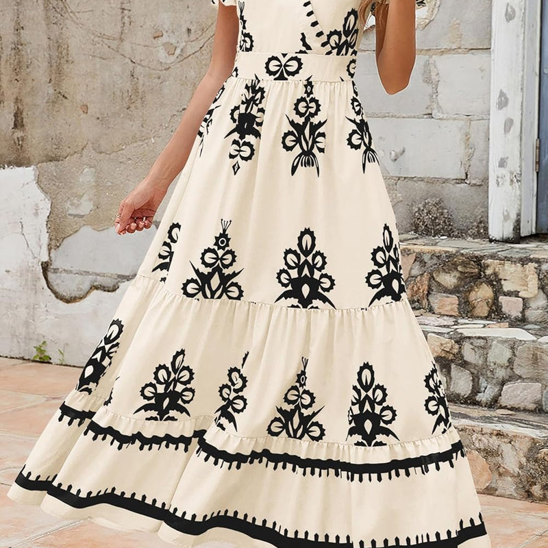 PRETTYGARDEN Womens 2025 Summer Casual V Neck Boho Maxi Dress Flowy Aline Bell Sleeve Tiered Floral Dresses with Pocket