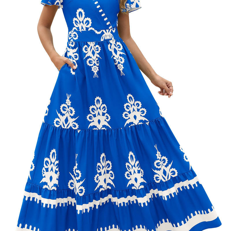 PRETTYGARDEN Womens 2025 Summer Casual V Neck Boho Maxi Dress Flowy Aline Bell Sleeve Tiered Floral Dresses with Pocket