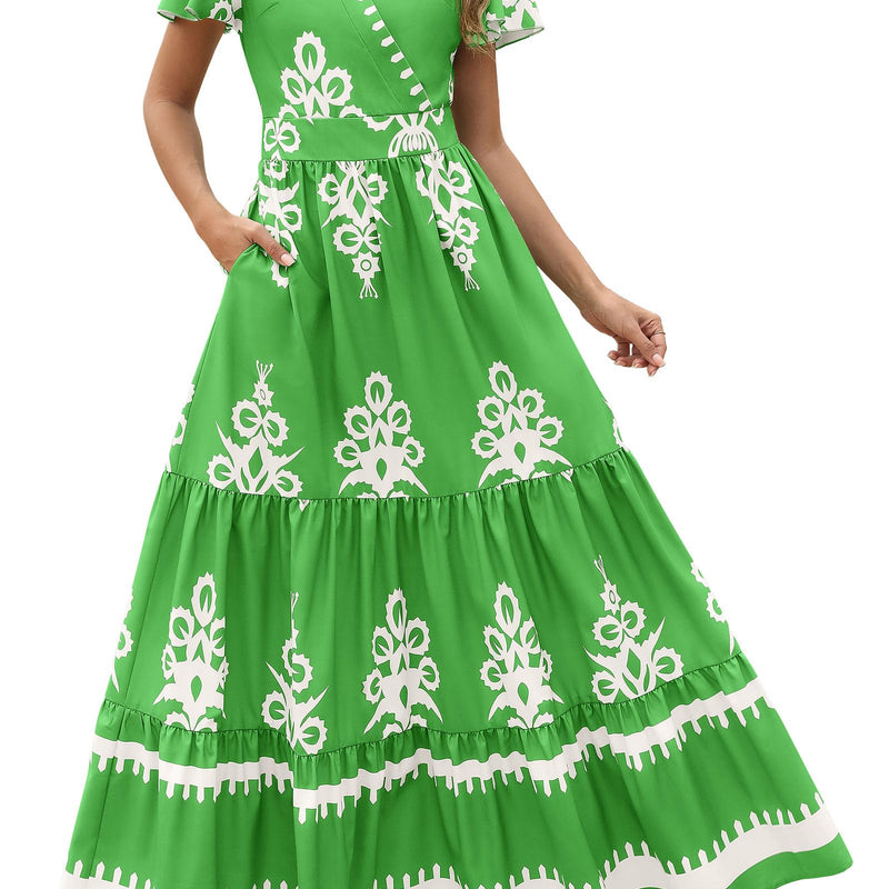 PRETTYGARDEN Womens 2025 Summer Casual V Neck Boho Maxi Dress Flowy Aline Bell Sleeve Tiered Floral Dresses with Pocket