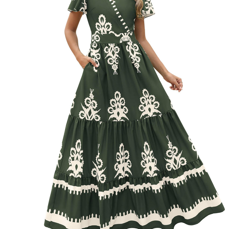 PRETTYGARDEN Womens 2025 Summer Casual V Neck Boho Maxi Dress Flowy Aline Bell Sleeve Tiered Floral Dresses with Pocket
