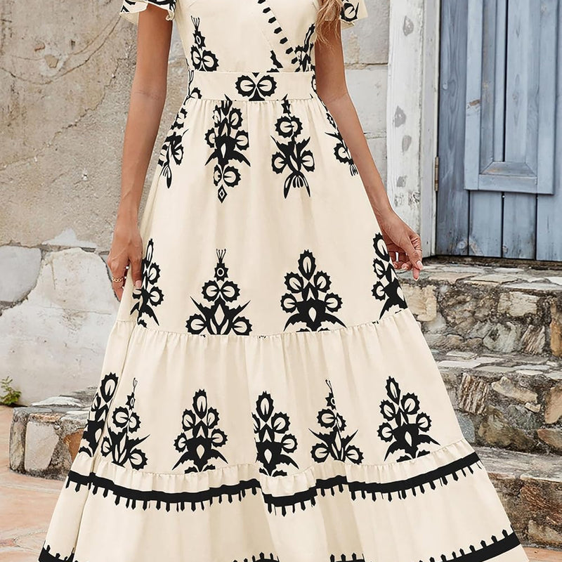 PRETTYGARDEN Womens 2025 Summer Casual V Neck Boho Maxi Dress Flowy Aline Bell Sleeve Tiered Floral Dresses with Pocket